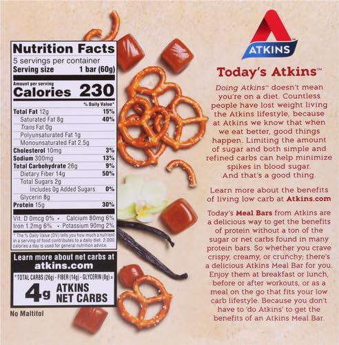 Atkins Vanilla Caramel Pretzel Protein Meal Bar High Fiber 2g Sugar 4g Net Carbs Meal Replacement Keto Friendly 5 Count