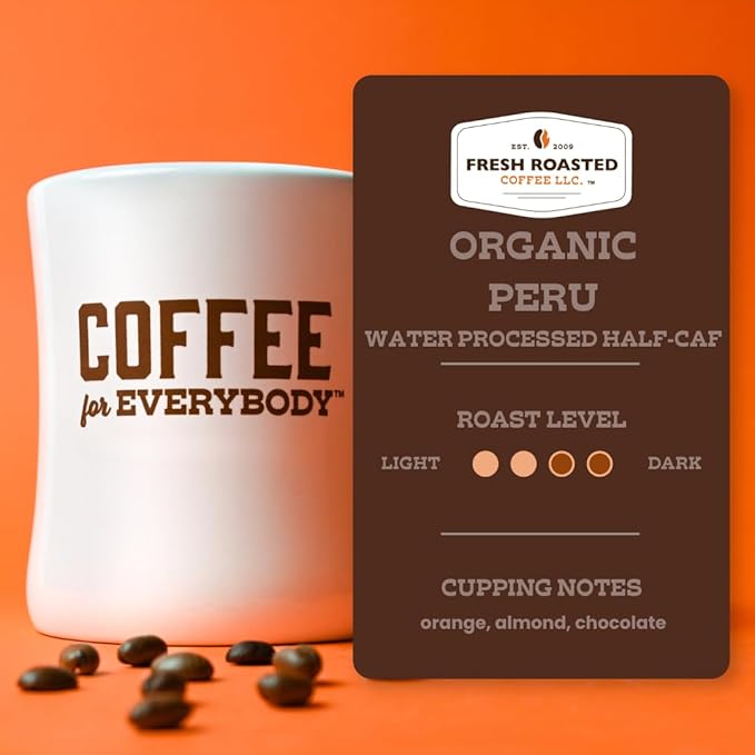 Fresh Roasted Coffee USDA Organic Peru Water-Processed Half-Caf | 3rd Party Tested for Pesticides Mold Mycotoxins Kosher | 100% Arabica Specialty Grade Med Roast 12 oz Ground