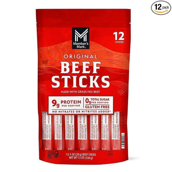 Member Mark Original Grass-Fed Beef Snack Sticks 12-Count (1 oz Each) | 100% Grass-Fed High-Protein Snack | Gluten-Free Keto-Friendly Beef Jerky Sticks for On-the-Go Energy