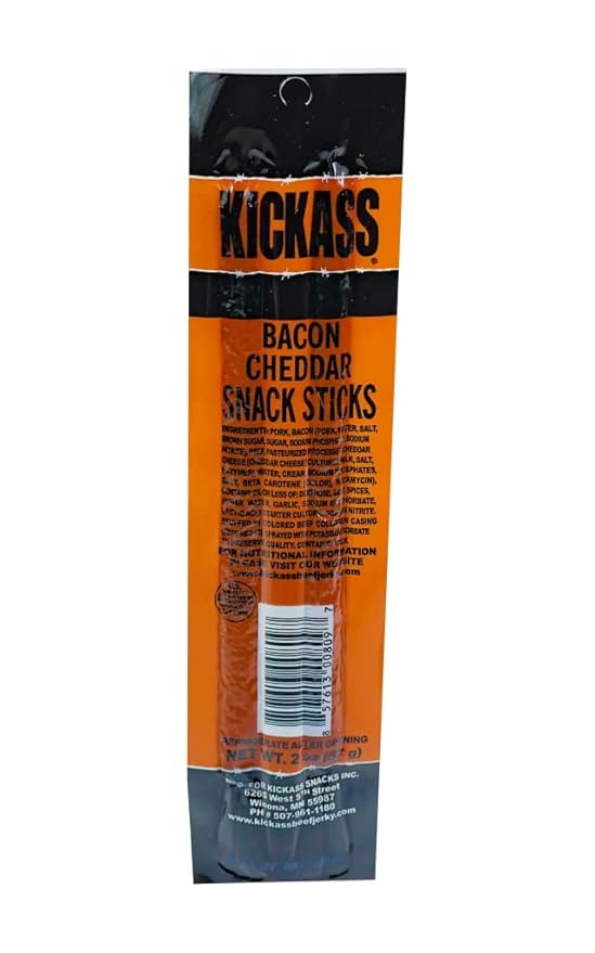 Kickass Bacon Cheddar Snack Sticks 16ct Case - 2oz Twin Packs of Pork and Beef Jerky Meat Sticks - Beef Sticks Meat Snacks - Jerky Sticks