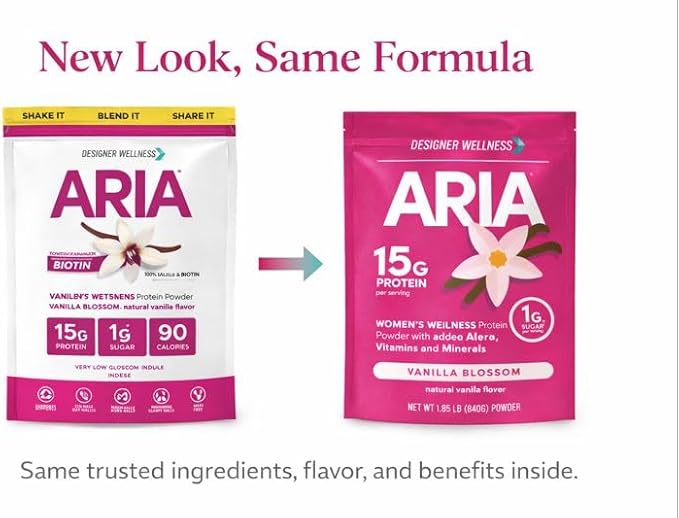 Designer Wellness Aria Women's Wellness Low Calorie Vanilla Protein Powder with Biotin Vitamin C and Organic Aloe Vanilla Blossom 1.85 Pound