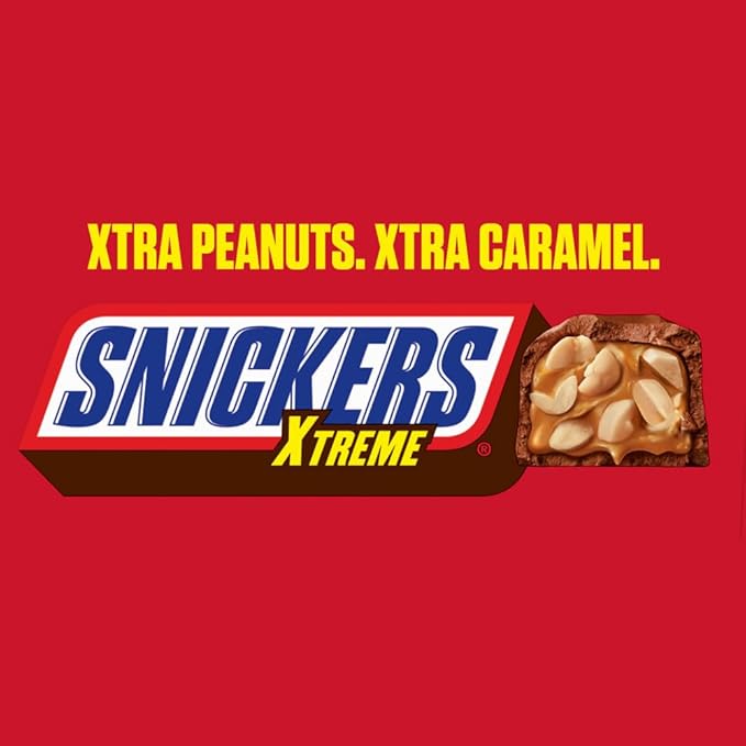 SNICKERS Xtreme Peanut and Caramel Chocolate Extra Peanuts Extra Caramel Candy Bar 1.55 Oz Single Bar 24 Count