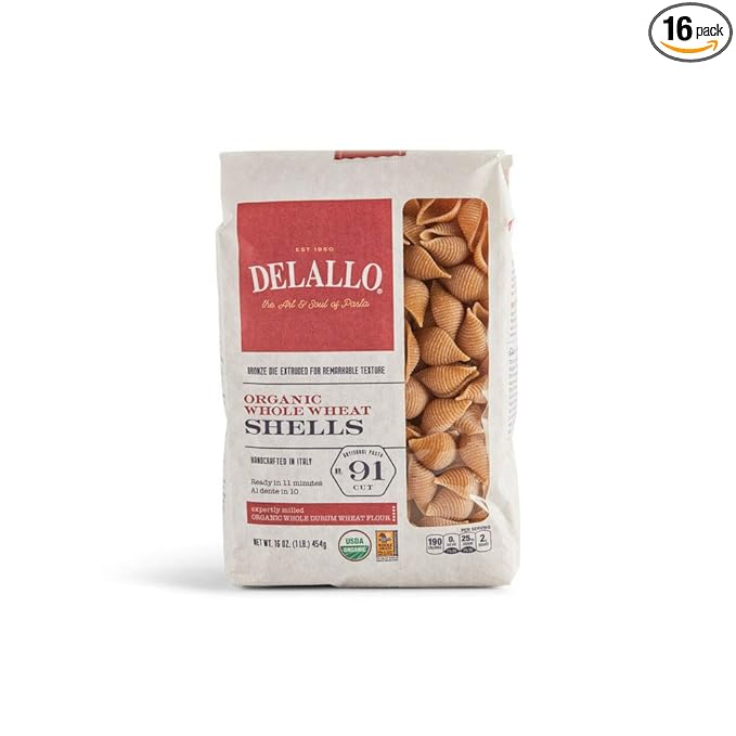 DeLallo Organic Whole Wheat Shells #91 16-Ounce Units (Pack of 16)