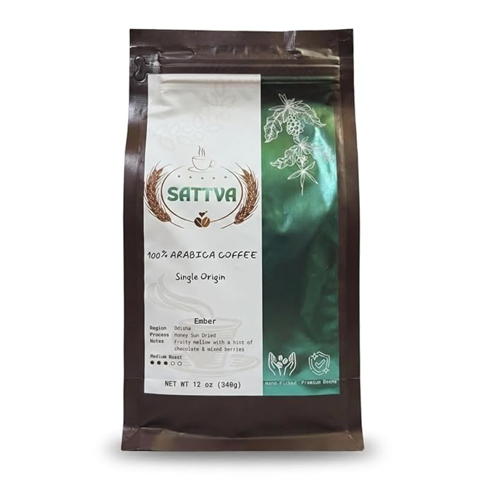 Sattva Coffee Ember Whole Bean Medium Roast - Low Acid 100% Arabica Single Origin with Fruity Mellow Chocolate &amp Berry Notes - 12 oz
