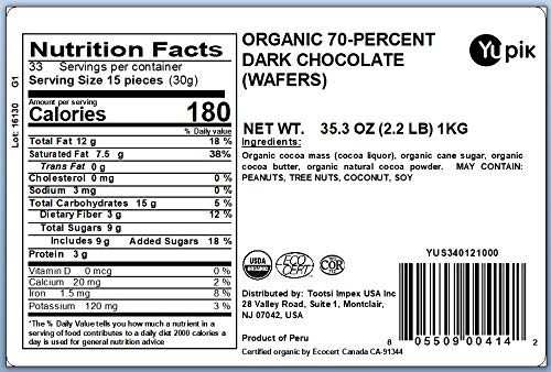 Yupik Organic Dark Chocolate Wafers 70% Cacao 2.2 lb (35.2 oz) Vegan Gluten-Free GMO-Free Kosher Dairy-Free Rich Dark Chocolate Melts Smoothly Ideal for Snacking Baking Coating &amp Toppi