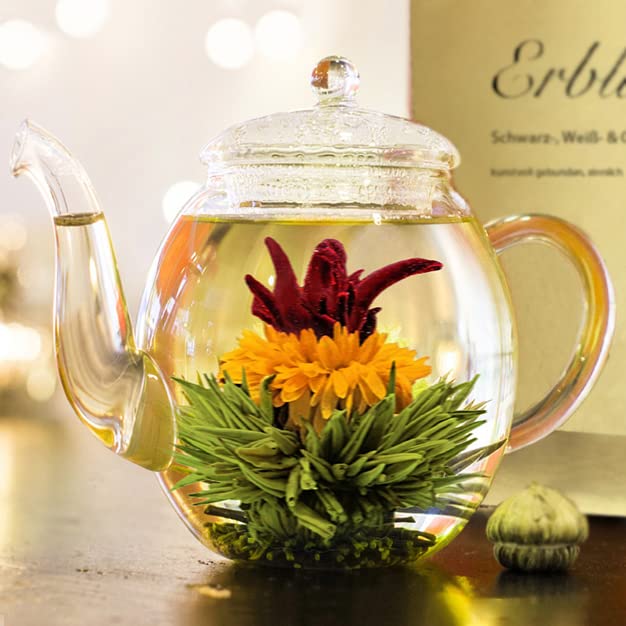 Creano Tea Flowers Mix Golden Gift Set Blooming Tea with Glass Teapot White Green &amp Black Tea in 6 Varieties Tea Flower Blooming Tea Gift for Women