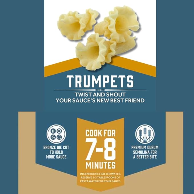 Sfoglini Trumpets Pasta (Organic Durum Semolina) – “Campanelle/Bell” Shape for Sauce Capture (4-Pack 16oz Each)