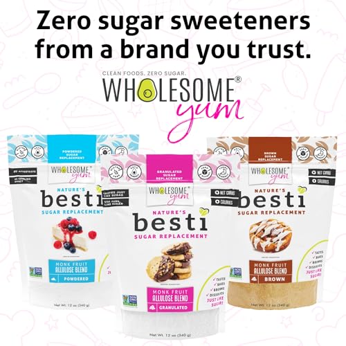 Wholesome Yum Besti Natural Sugar Substitute - Keto Granulated Monk Fruit Sweetener Blend With Allulose (No Erythritol) - Non GMO Zero Calorie Zero Carb Sugar Free No Aftertaste (12 oz 2 Pack)