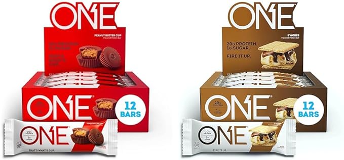 ONE Protein Bars Peanut Butter Cup Gluten Free Protein Bar with 20g Protein and only 1g Sugar &amp Protein Bars Smores Gluten Free Protein Bars with 20g Protein and only 1g Sugar