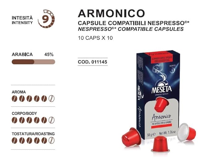 Meseta Armonico 40 Nespresso Compatible Aluminium Coffee Capsule Pack -For Use in Nespresso Essenza Pixie Citiz Inissia Lattissima Maestria other Nespresso Originaline Machines - 40ct