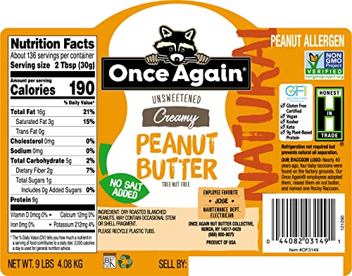 Once Again Natural Creamy Peanut Butter 9lb Bucket (same as 9 jars) - Salt Free Unsweetened - Gluten Free Certified Vegan Kosher Non-GMO Verified