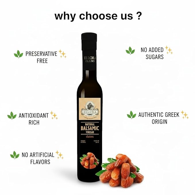 Ellora Farms Balsamic Vinegar Dates Infused Thick and creamy Barrel aged No-added sugar Award Winning Glass bottle 8.45 oz. (Dates)