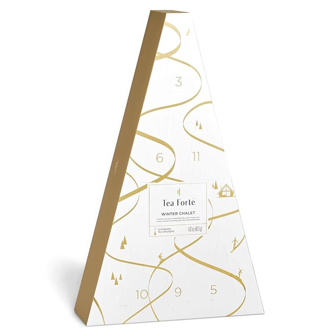 Tea Forte Tea Advent Calendar Gift Set 12 Individually Wrapped Handcrafted Assorted Pyramid Infuser Tea Bags with Numbered Doors Winter Chalet