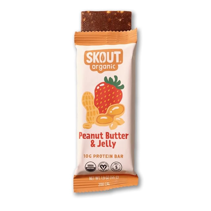 Skout Organic Plant-Based Protein Bars Peanut Butter &amp Jelly (12 Pack) - 10g Protein - Vegan Protein Bars - Only 5 Ingredients - Easy Snack - Gluten Dairy &amp Soy Free