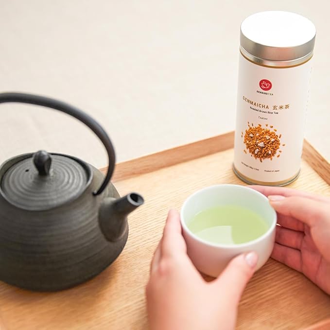 Senbird Premium Genmaicha - Caffeine-Free Japanese Mochi Rice Tea - From Hokkaido Japan - Herbal Tea in Airtight Tin (3.5oz/100g)