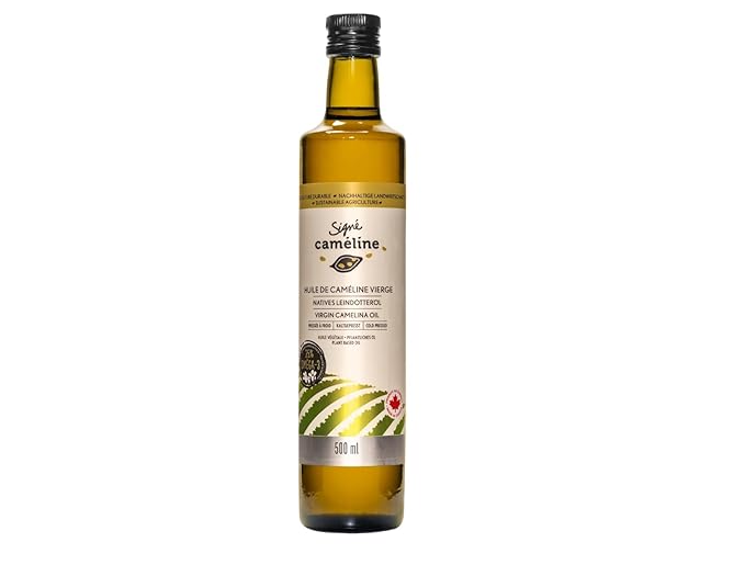 Cold-Pressed Virgin Camelina Oil 500mL by Signé Caméline | High Smoke Point 475°F | Rich in Omega-3 &amp Vitamin E | Alternative to Olive Oil | Vegan | Made in Canada | Non-GMO