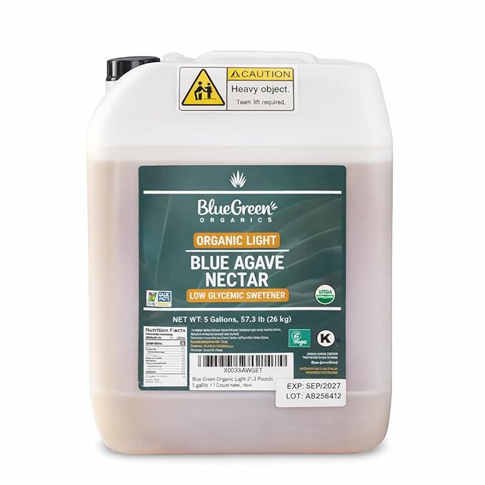 BLUE GREEN ORGANICS 57.3 lb Light Blue Agave  5 Gallon Bulk Organic Sweetener  Low Glycemic Sugar Alternative for Restaurants &amp Catering  Mild Flavor Liquid Sweetener  Plant-Based Gluten-Free