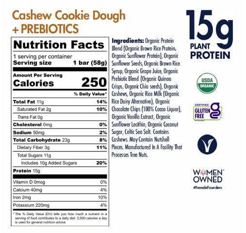 SHANTI BALANCE | Gut Health Cashew Cookie Dough | 17G Plant Based Protein | Organic Gluten Free Superfood | Immunity Boosting | Performance Nutrition | 12 Count 2 oz Bars