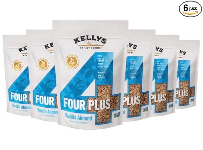 Kellys Four Plus Granola Cereal | Vanilla Almond Healthy Granola for Yogurt | Hand Made Organic Snacks for Breakfast - 12 oz (Pack of 6)