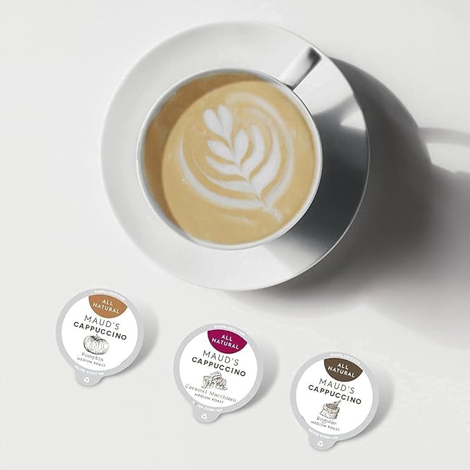 Maud's Classic Cappuccino Coffee Pods (Medium Dark Roast) 16ct. Solar Energy Produced Recyclable Single Serve 1 Step Cappuccino Pods 100% Arabica Coffee Milk and Sugar Included KCup Compatible