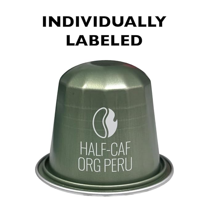 Fresh Roasted Coffee USDA Organic Peru WP Half-Caf Espresso Pods for Nespresso OriginalLine | 3rd Party Tested for Pesticides Mold Mycotoxins | Kosher | 120 Recyclable Aluminum Capsules