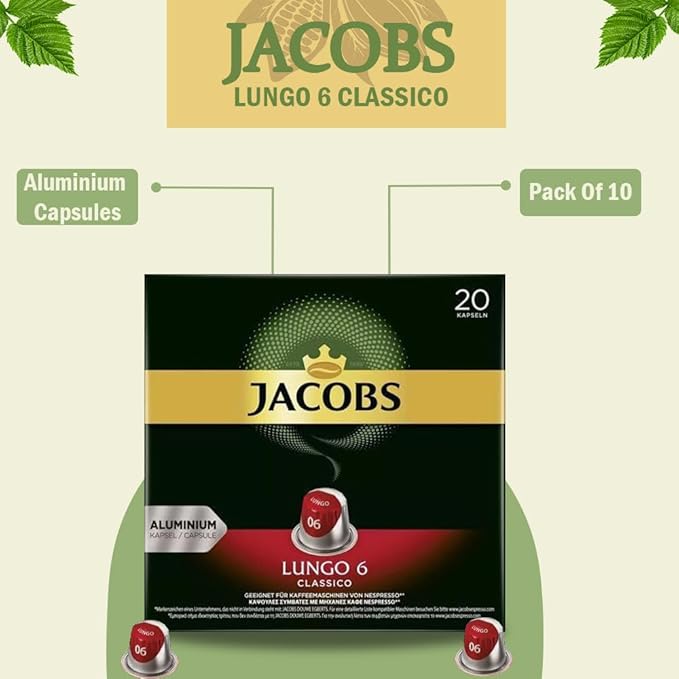 Jacobs Lungo 6 Classico 10x20 CAPSULES Coffee Capsules Compatible with (052 USD/CAP)