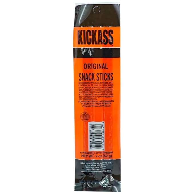 Kickass Original Snack Sticks 16ct Case - 2oz Twin Packs of Pork and Beef Jerky Meat Sticks - Beef Sticks Meat Snacks - Jerky Sticks