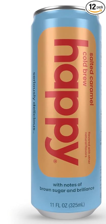 happy coffee salted caramel cold brew 11 oz. cans 12 pack notes of brown sugar &amp brilliance 100% arabica beans no artificial flavors or artificial sweeteners