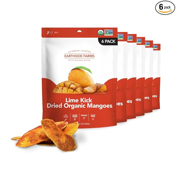 Earthside Farms - Dried Organic Mangoes Lime Kick Dried Mangoes Sweet and Spicy Gluten Free No Sugar Added Non GMO Organic Vegan Snack Naturally Sweet and Flavorful (2.8oz 6 pack)