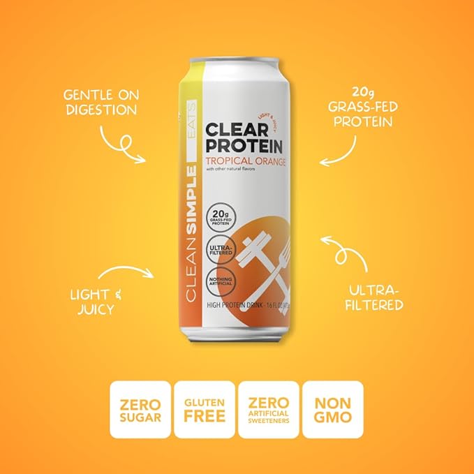 Clean Simple Eats Clear Protein Water 20G Grass Fed Whey Protein Ultra Filtered Light &amp Refreshing Beverage Low Lactose No Artificial Ingredients Tropical Orange Flavor 16 Oz Cans 12 Pack