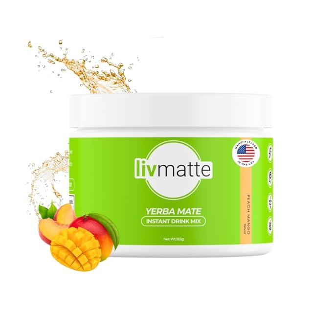 LivMatte Yerba Mate Instant Tea Powder Natural Caffeine Flavored Drink Mix Sugar Free Clean Energy Mental Focus Wellness Support 30 Servings (Peach Mango)