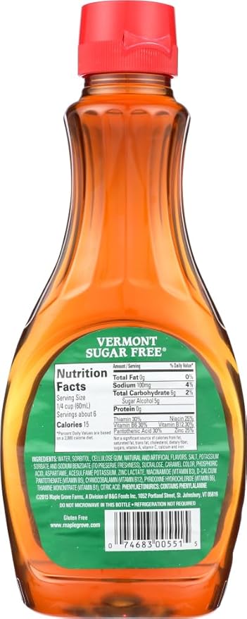Maple Grove Vermont Maple Flavor Sugar Free Syrup 24x 12 Oz