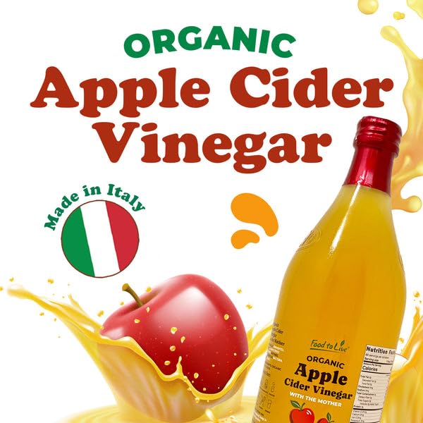 Food To Live Organic Apple Cider Vinegar 1 L – Raw Italian Natural Vinegar with the Mother Unfiltered Unpasteurized Non-GMO Vegan Glass Bottle (Pack of 12)