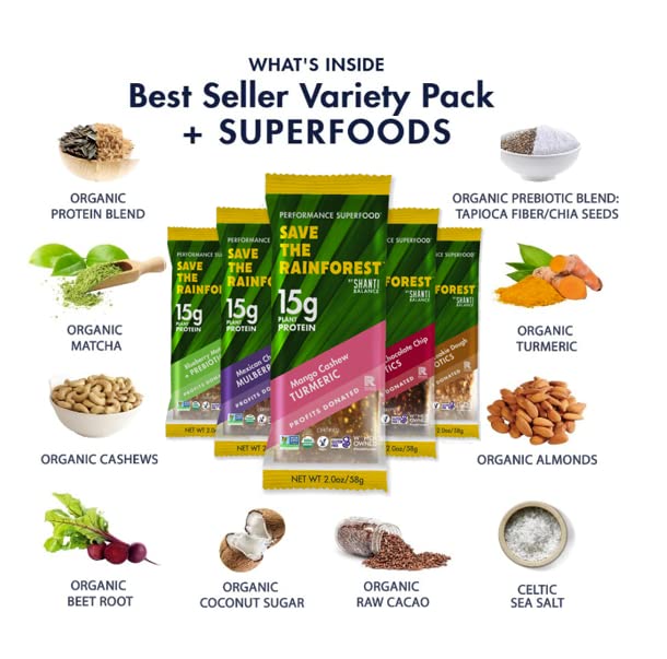SAVE THE RAINFOREST by SHANTI BALANCE | Multi Flavor Variety Pack | 15 Plant Protein | Organic Gluten Free Superfood | Gut Health Prebiotics | Immunity Boosting | Performance Nutrition | 7 Count