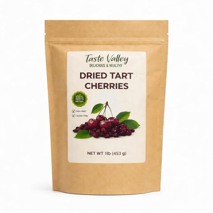 Taste Valley Dried Tart Cherries - 100% Natural Non-GMO Gluten Free - No Artificial Preservatives - Premium Montmorency Cherries for Snacking Baking &amp Cooking - 1 lb (453g)