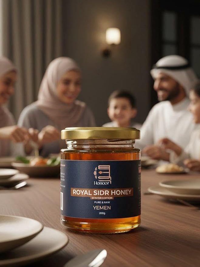 Honoor Royal Yemeni Sidr Winter Harvest with Royal Jelly Highest Grade Extremely Rare | Natural Unfiltered Unheated Pure 200 Grams | Unpasteurised Raw Luxury Honey in a Glass Jar
