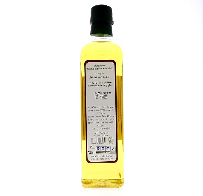 Hemani Sweet Almond Oil 500mL (16.9 FL OZ) - 100% Edible Oil for Cooking and Skincare
