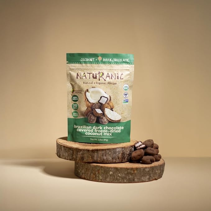 Naturanic Brazilian Dark Chocolate Covered Freeze-Dried Coconut Snack Zero Carb Keto Friendly No Sugar All Natural Organic Vegan - Pack of 2