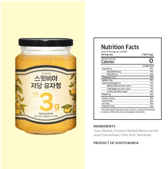 SWEETVIA Zero Sugar Yuzu Citron Tea 500g | Korean Allulose Marmalade Syrup with Real Yuzu Peel &amp Pulp | Low Calorie No Added Sugar Natural Citrus Spread for Drinks &amp Desserts