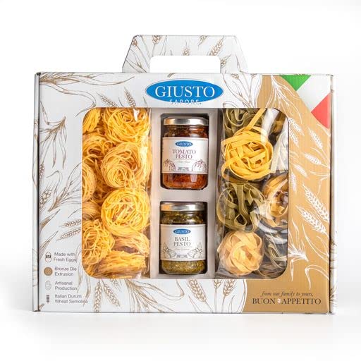Giusto Sapore Pasta Gift Set - Imported From Italy - Perfect for The Foodie In Your Life - Italian Feast Tagliolino Paglia e Fieno Tagliatelle Red Pesto &amp Basil Pesto