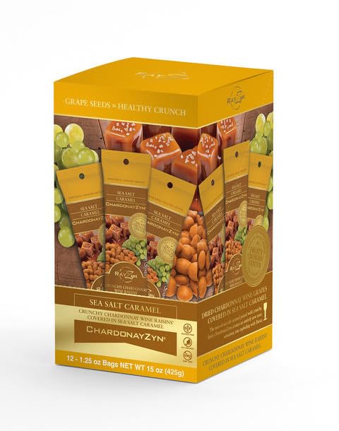 Wine RayZyn® - Sea Salt Caramel ChardonayZyn® (12 pack) – Hand Harvested Dried Chardonnay Wine Raisins® from Napa Valley enrobed in delicious sea salt caramel – The Healthier Golden Raisin with a Natu