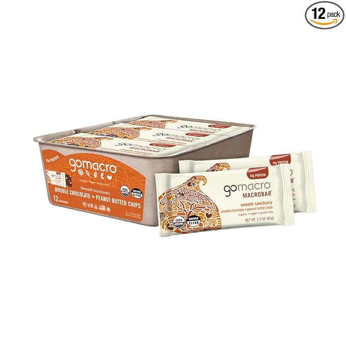 GoMacro MacroBar Organic Vegan Protein Bars - Double Chocolate + Peanut Butter Chips (2.3 Ounce Bars 12 Count)