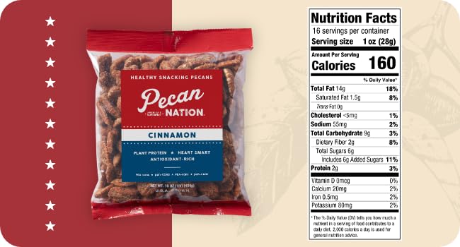 Pecan Nation Cinnamon Roasted Georgia Pecan Halves 16 oz. Natural No preservatives Antioxidant-Rich Non-GMO Healthy Snacking Pecans for Adults and Kids (3 Pack)