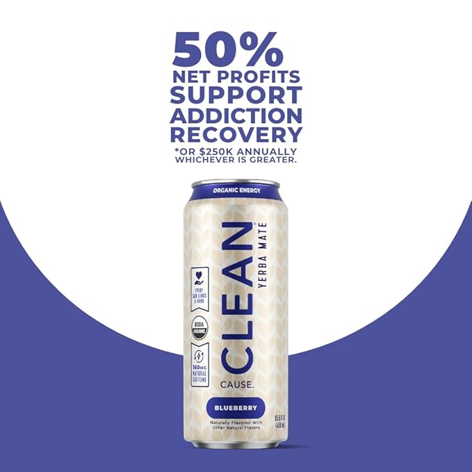 CLEAN Cause Blueberry Yerba Mate Tea Non-Carbonated USDA Organic Energy Drink Alternative Low Sugar 160mg Natural Caffeine Soda Alternative Plant-Based (15.5oz cans 12-Pack Case)