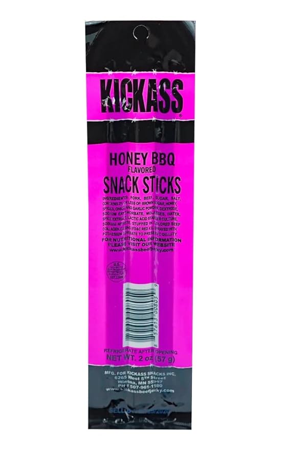 Kickass Honey BBQ Meat Sticks 16ct Case - 2oz Twin Packs of Pork and Beef Jerky Snack Sticks - Beef Stick Meat Snacks - Jerky Sticks