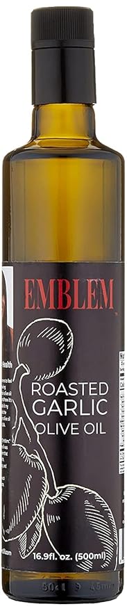 Emblem 100% Extra Virgin and Infused Olive Oil for Everyday Kitchen Use | Cold Extracted Cooking &amp Baking | Non GMO Keto Vegan Friendly 500ml (Roasted Garlic)