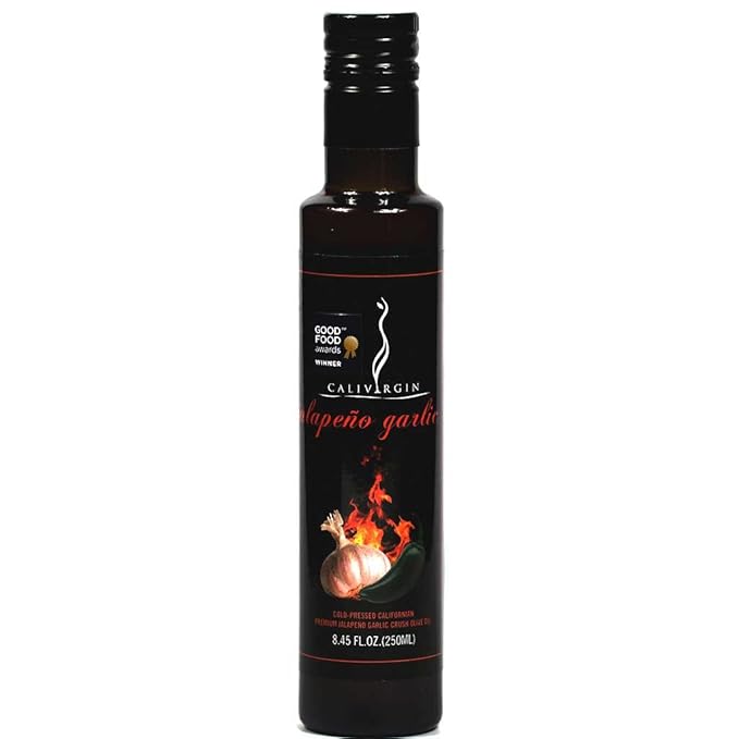 Calivirgin Jalapeno Garlic Flavored Olive Oil - Jalapeno Garlic Infused Extra Virgin Olive Oil - Cold Pressed Olive Oil - Jalapeno Olive Oil - No Preservatives Organically Grown Olives - 250ml