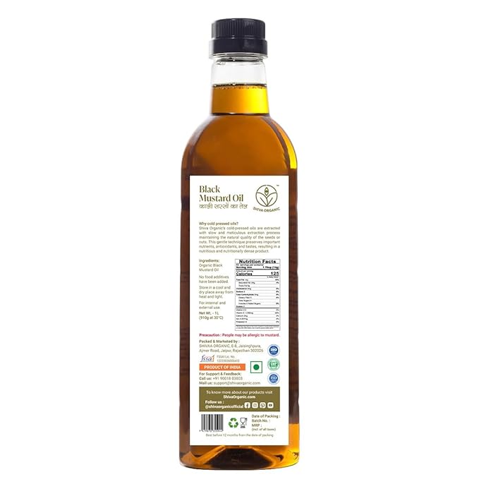 Shiva Organic Pure Black Mustard Oil - Cold Pressed 100% Natural Certified Organic - 1L (33.8 fl oz) for Cooking Massage and Hair Care
