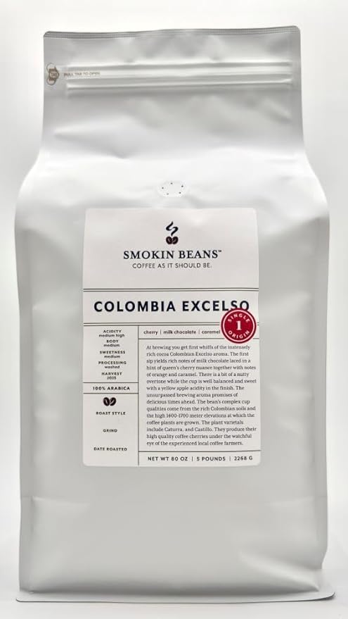 Smokin Beans 5-Pound Colombia Excelso Freshly Roasted Coffee Washed Processing Medium Roast Premium Whole Bean Specialty Coffee