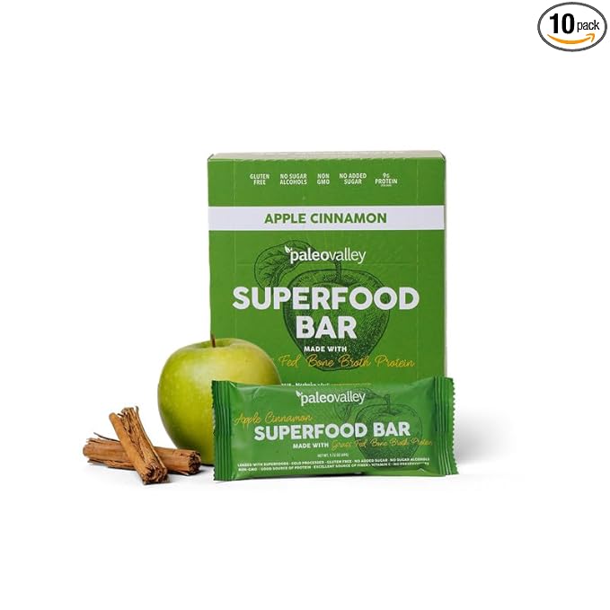 Paleovalley Superfood Bars – Apple Cinnamon– 10 Pack – 9g Protein per Bar – Gluten-Free Grain-Free Paleo Non-GMO – On-the-Go Snack